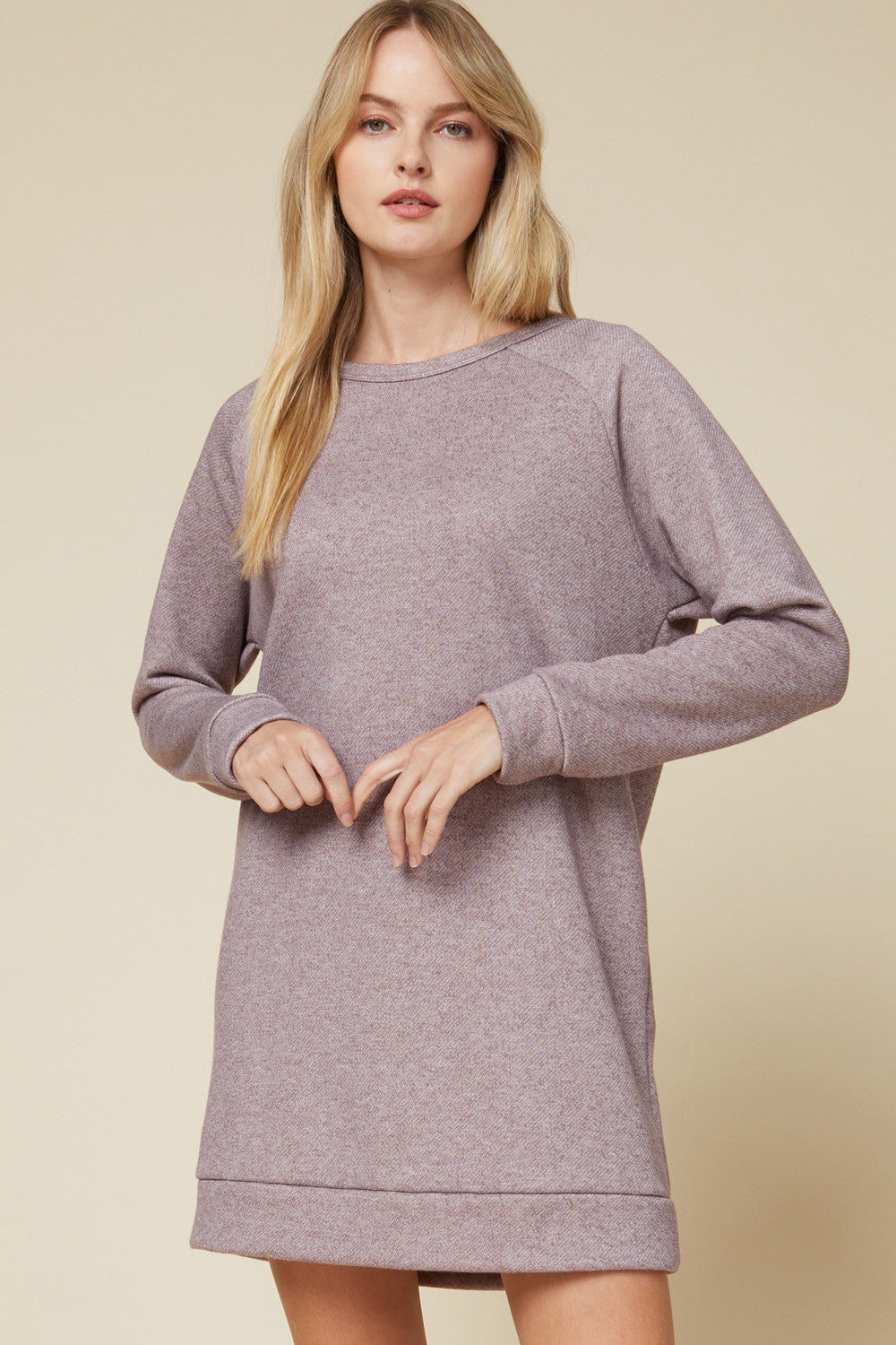 long sleeve women&#39;s dresses. Heathered round neck sweater dress with band detail at hem and cuffs.