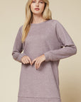 long sleeve women's dresses. Heathered round neck sweater dress with band detail at hem and cuffs.