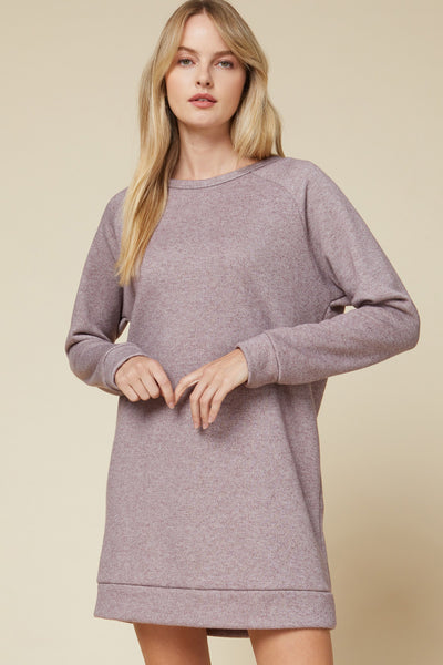 long sleeve women's dresses. Heathered round neck sweater dress with band detail at hem and cuffs.