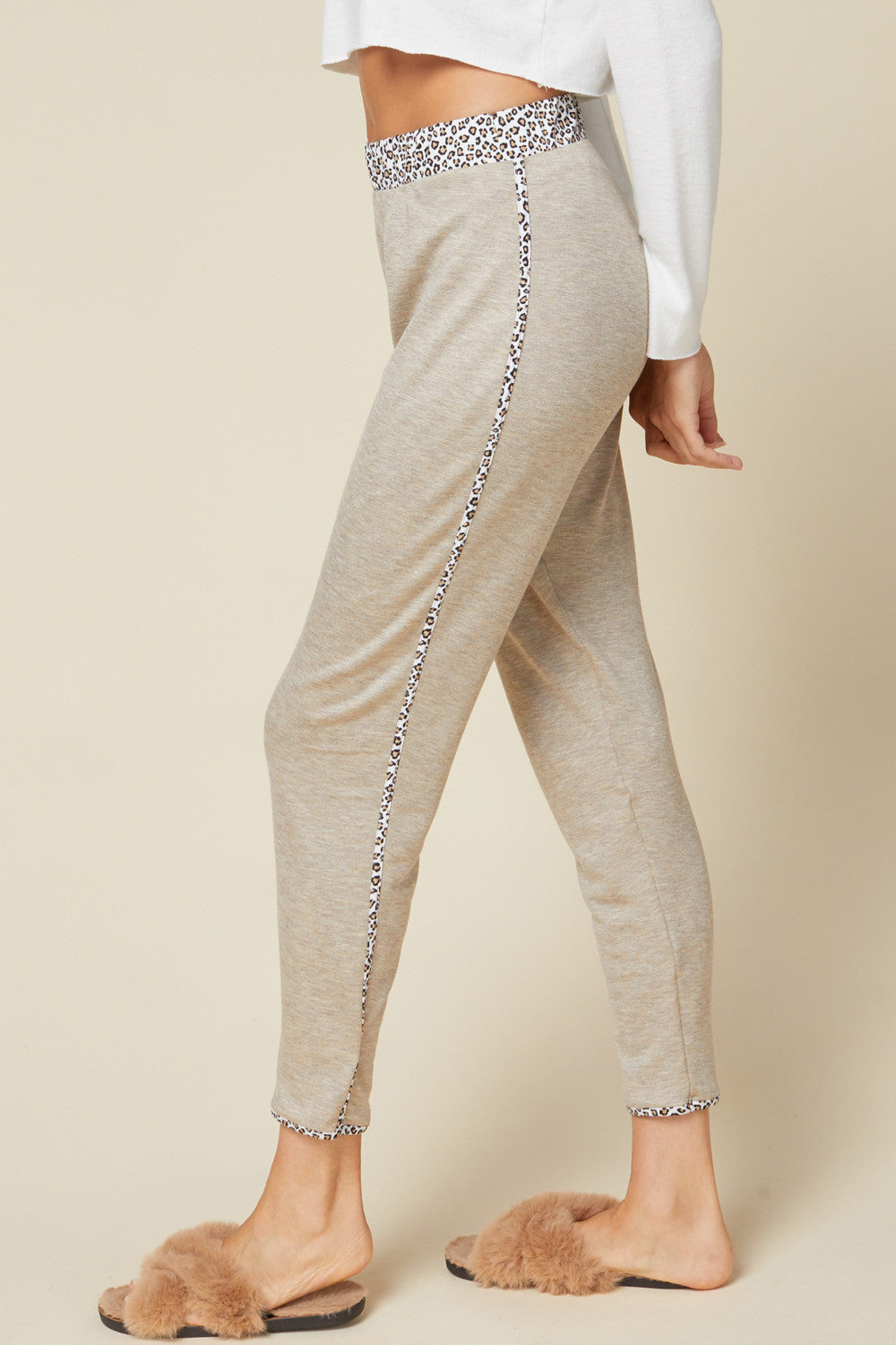 Leopard trimmed loungewear joggers in oatmeal color.