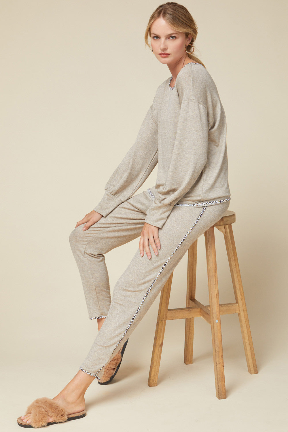 Full set of women's leopard trimmed loungewear with loose fit top and joggers in oatmeal.