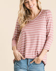 Women's 3/4 sleeve tunic with v-neck in mauve with white stripes.