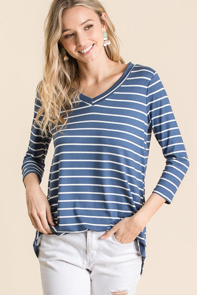 V-neck 3/4 sleeve women's tunic in blue with white stripe paired with light colored denim.