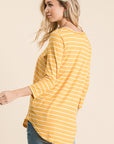 Back of "mustard" golden colored striped 3/4 sleeve tunic with long rounded hem with good coverage.