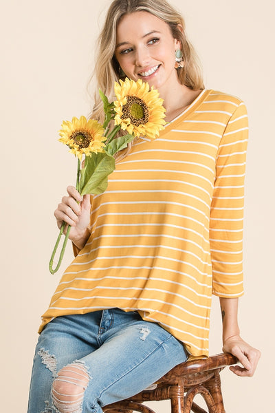 3/4 sleeve tunic in "mustard" goldenrod color with white stripes.