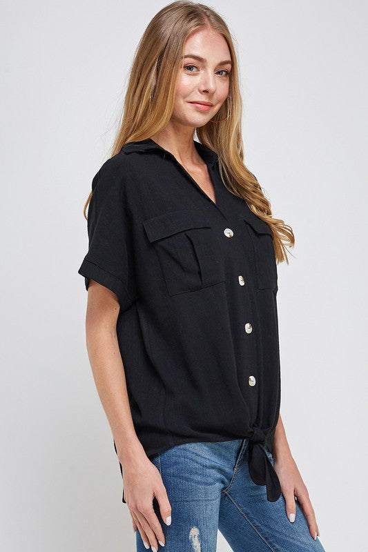 black linen short sleeve tie front blouse