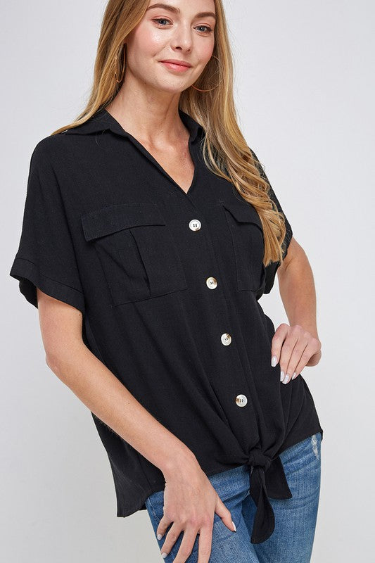 black linen tie front button up blouse short sleeve