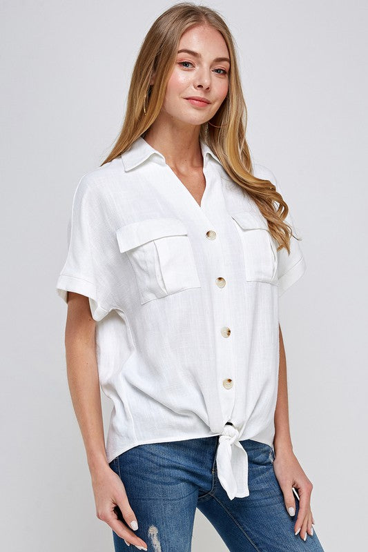 Linen tie front button up short sleeve blouse in white