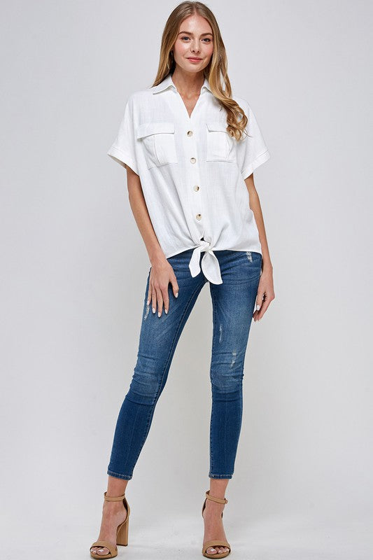 short sleeve linen tie front blouse with jeans