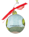 Christmas ornament for new house. Back view with quote, "Bless this home."