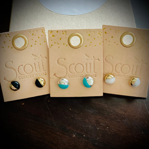 Stone studs dipped in 14k gold or silver on display card.