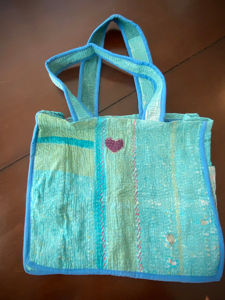 Kantha stitch bags. Aqua colored pattern.