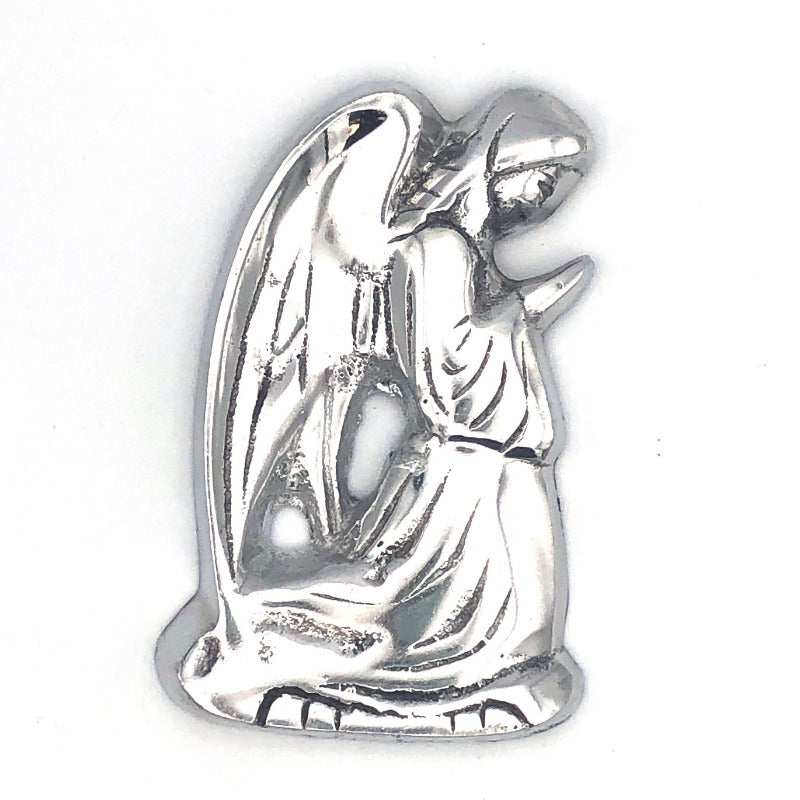 Christmas angel wall hanging in silver. Kneeling praying angel.