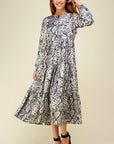 Women's dresses with long sleeves. Tiered maxi in snake skin print.