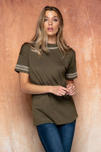 Cute embroidered tops for women. Olive with embroidered edge. Paired with jeans.