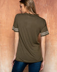 Back view of Cute embroidered tops for women. Olive with embroidered edge.