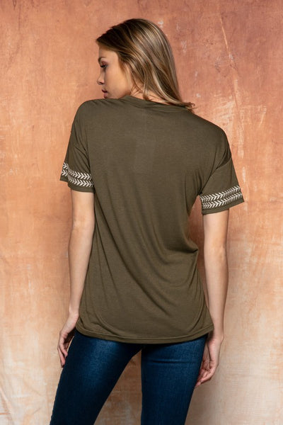 Back view of Cute embroidered tops for women. Olive with embroidered edge.