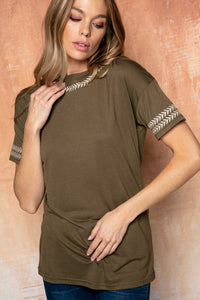 Cute embroidered tops for women. Olive with embroidered edge.
