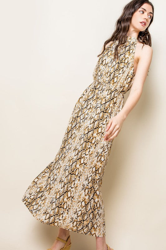 Side view of halter maxi animal print dress