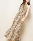 Side view of halter maxi animal print dress