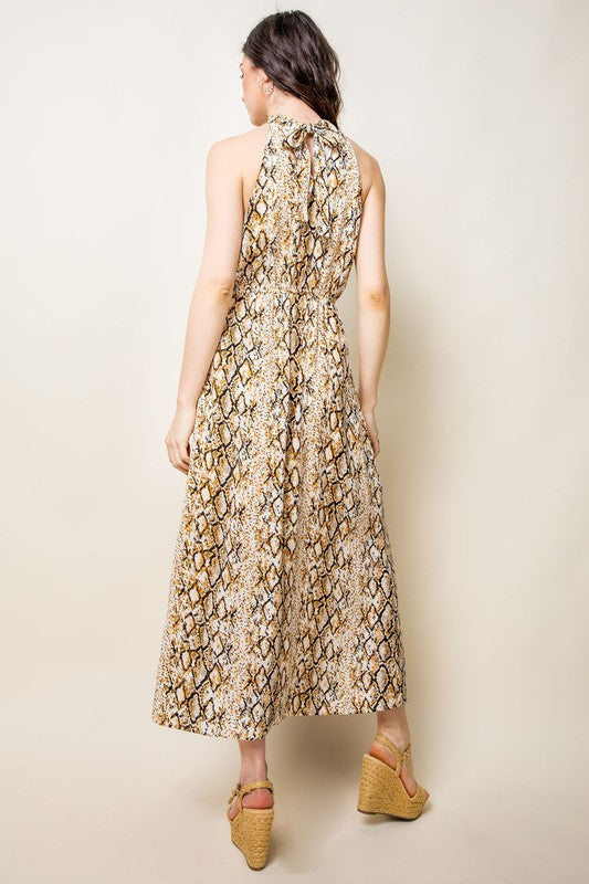 Back view of maxi animal print dress with snake print