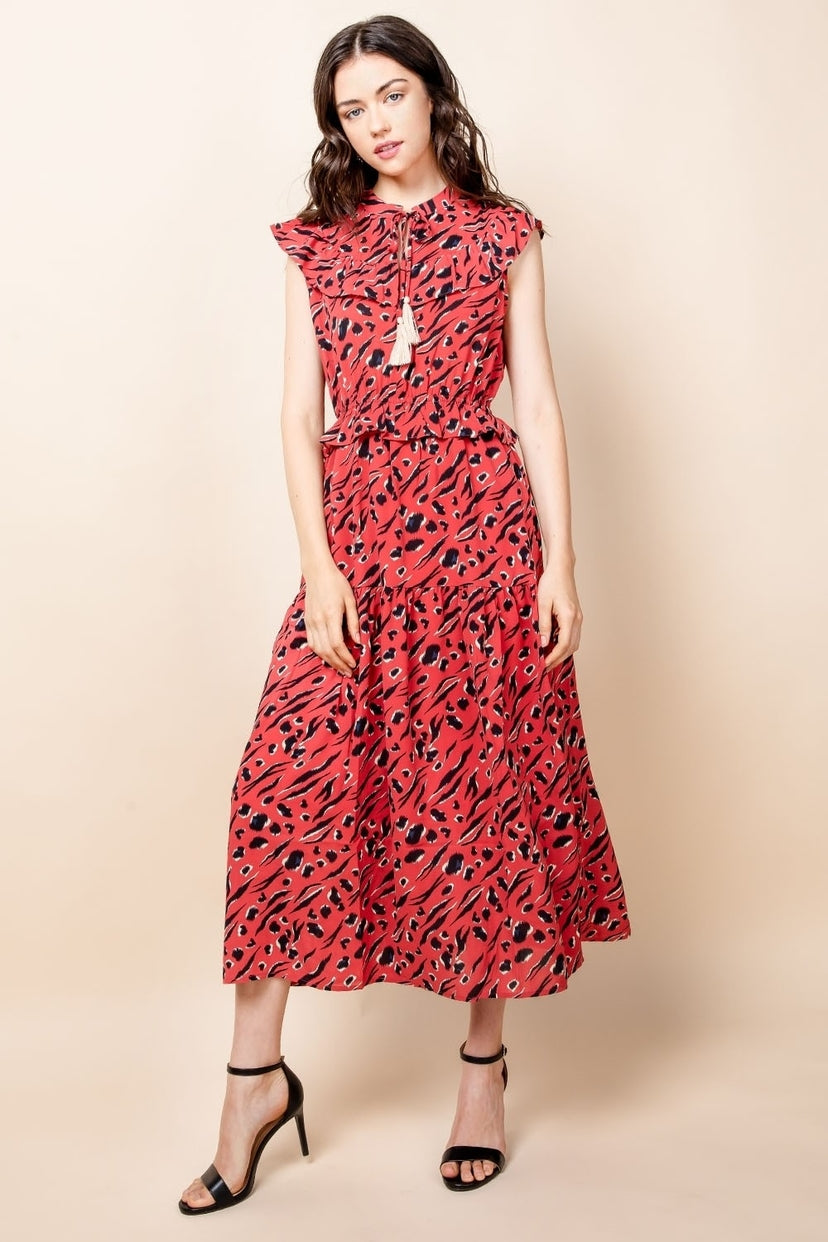 Red animal print maxi with ruffle sleeve.