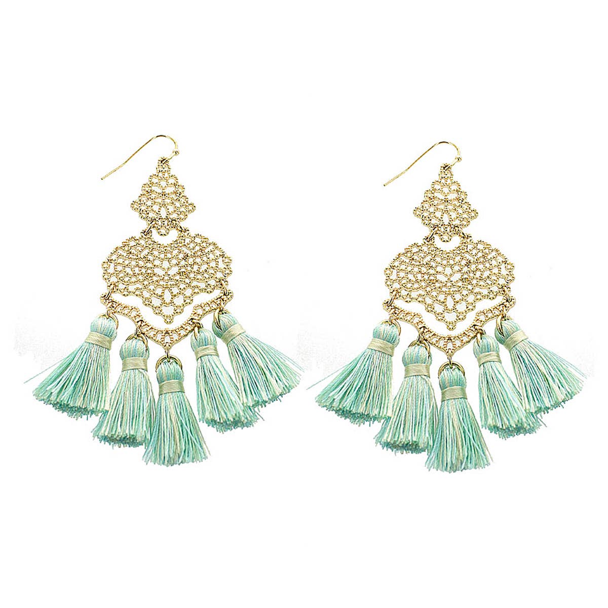 Gold filigree aqua tassel earrings with metal lace chandelier structure.