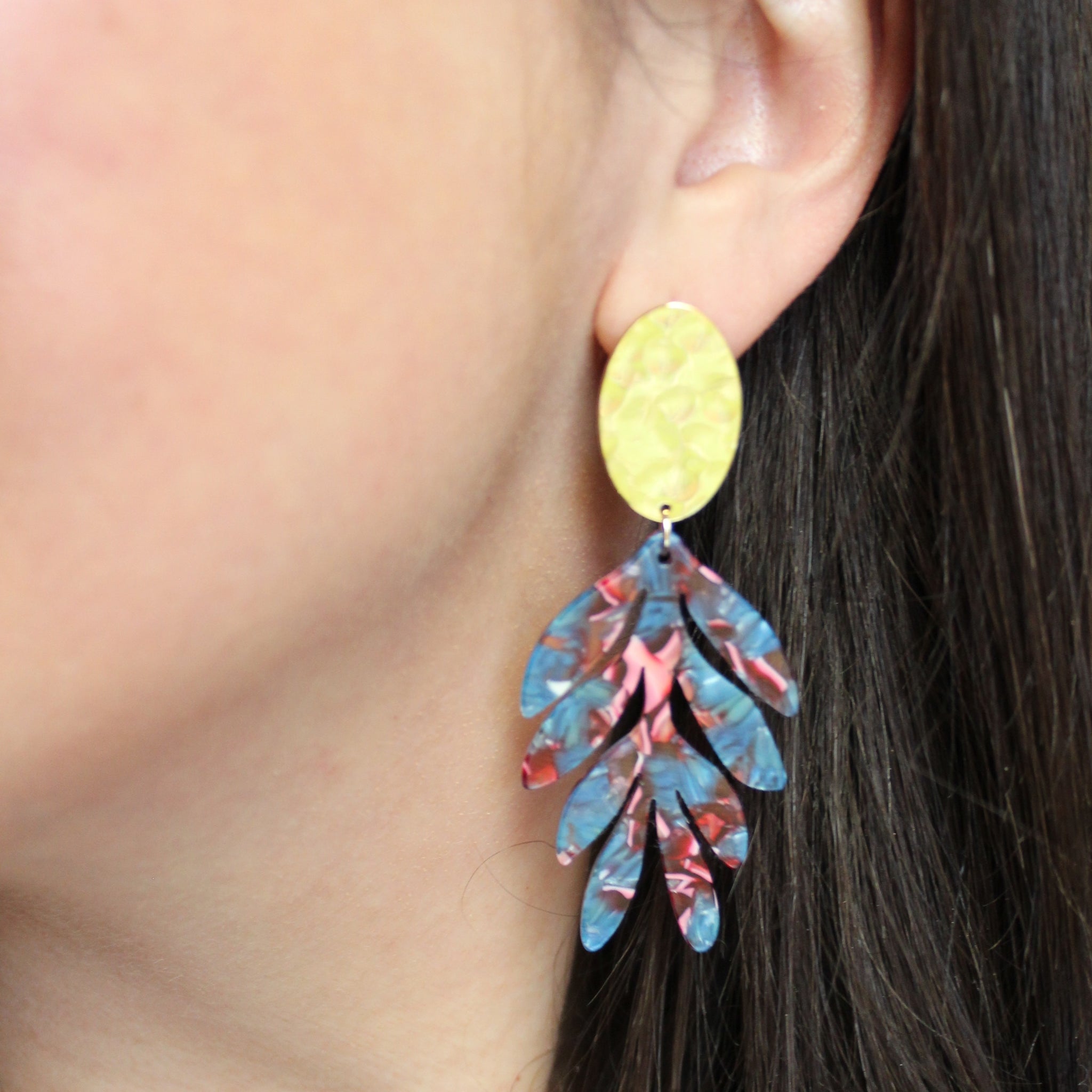 Gold Statement Earrings . Colorful Tropical Acrylic Leaves.