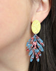 Gold Statement Earrings . Colorful Tropical Acrylic Leaves.