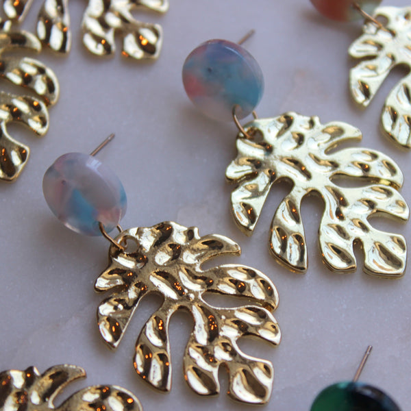 Gold leaf earrings with baby blue and  pink acrylic stud.