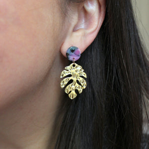 Gold leaf earrings with hot pink and teal acrylic stud.