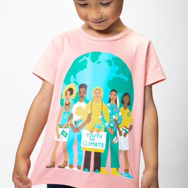 Greta Thunberg tee shirts for kids on model.