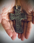 Handmade cross gift. Flared hanging cross in moss green.