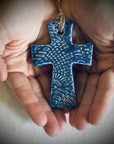 Handmade cross gift. Flared hanging cross in sapphire blue.