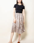 Snake skin pleated midi skirt with elastic waist.