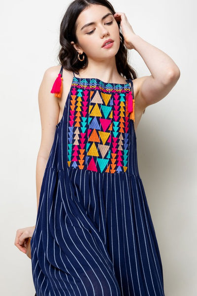 Striped max with colorful embroidered bodice and cute tassel straps.