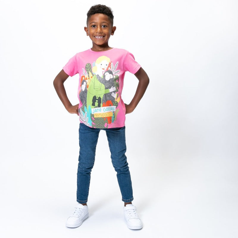 Jane Goodall tee shirt for kids on boy model.