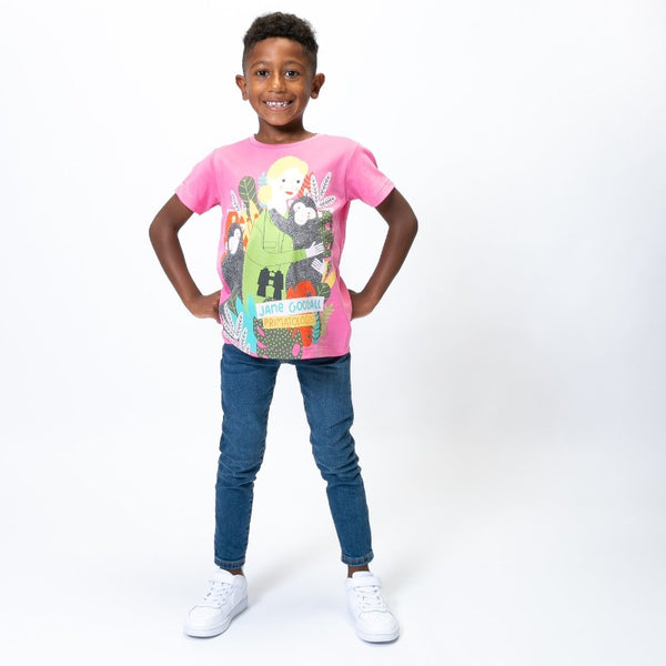 Jane Goodall tee shirt for kids on boy model.
