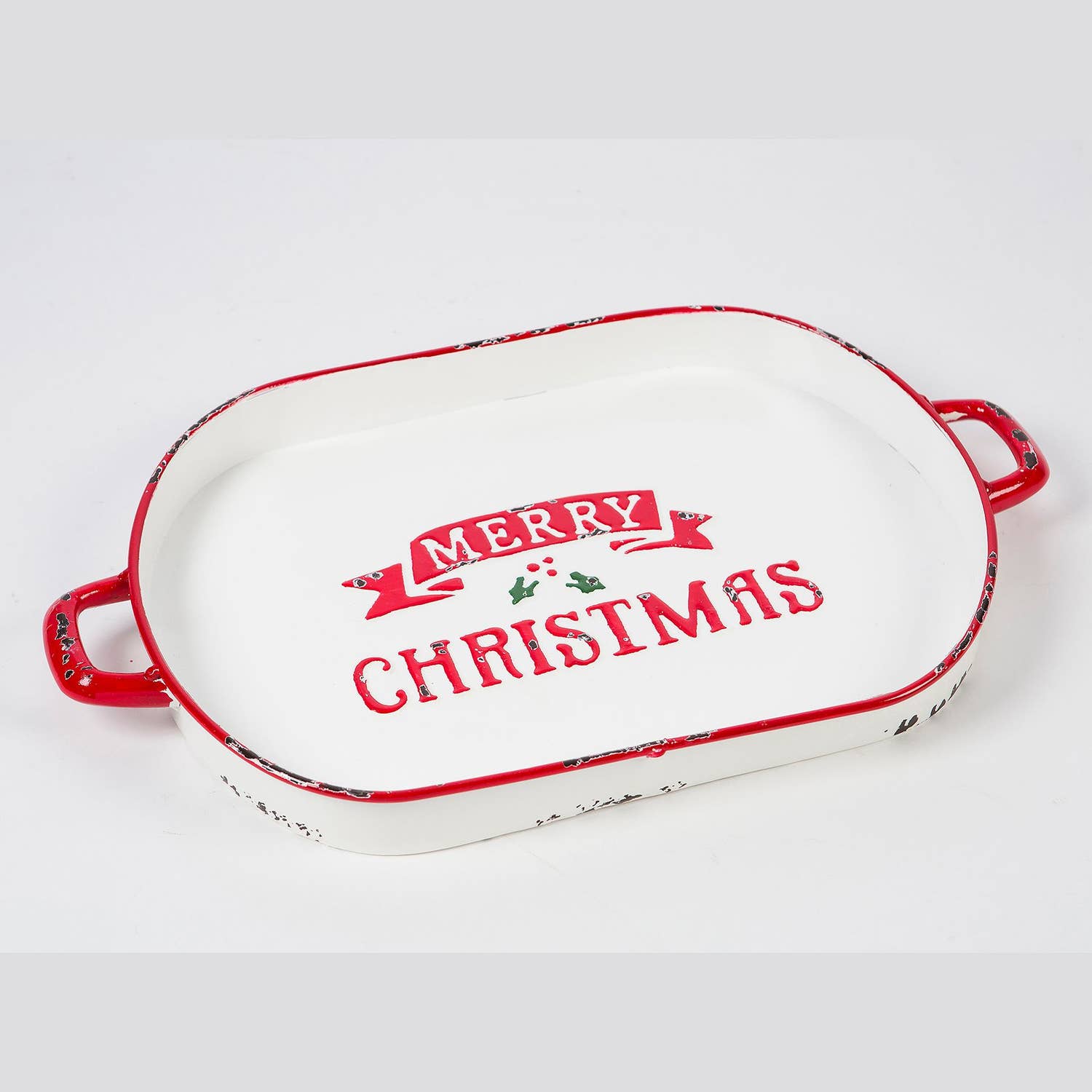Christmas Decor for Your Home Vintage Merry Christmas Metal Tray with handles and faux distressing.