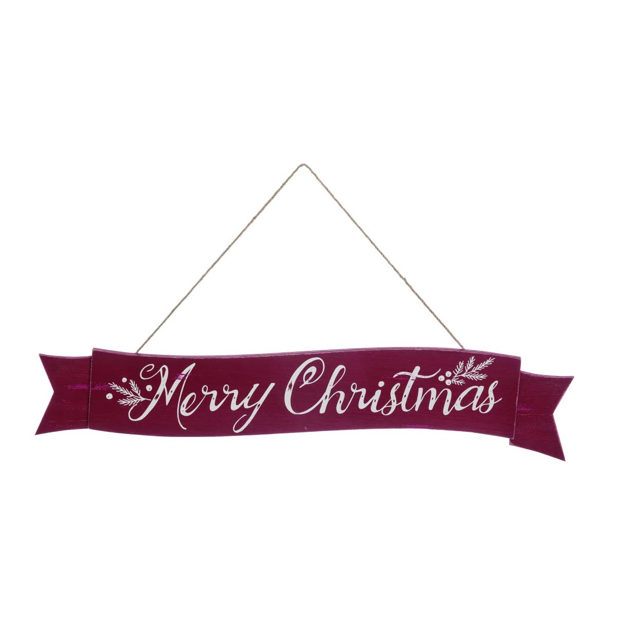 Christmas Decor on Wall - Wooden Christmas Banner. Red wooden sign with white script font reading "Merry Christmas".