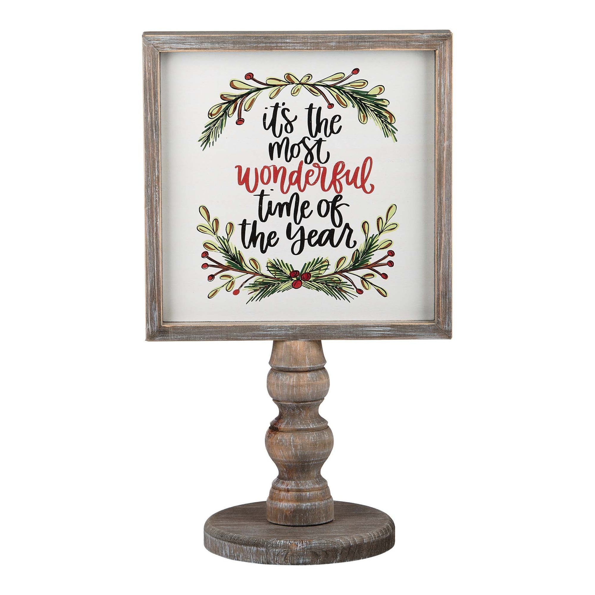 Christmas Decor for Mantel. Back reads, &quot;It&#39;s the Most Wonderful Time of the Year&quot; with holly branches. Vintage wood.