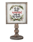 Christmas Decor for Mantel. Back reads, "It's the Most Wonderful Time of the Year" with holly branches. Vintage wood.