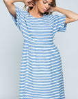 Blue short sleeve midi dress with white stripes and pockets.