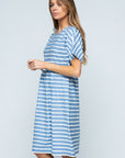 Side view of short sleeve cotton blue midi dress with white stripes.