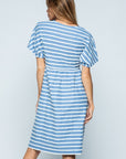 Back view of blue cotton midi dress with white stripes. Short sleeves.