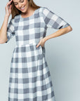 Grey and white buffalo check midi dress.