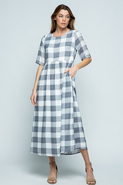 Round neck elbow length sleeve grey and white checkered midi dress with pockets!