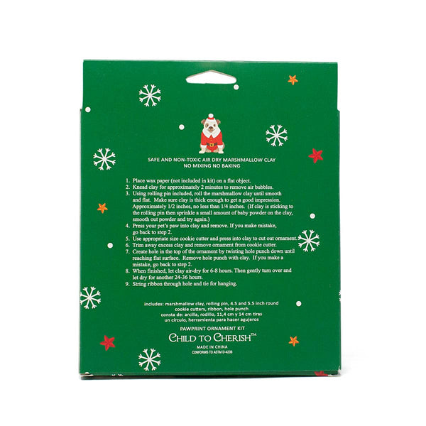 Back of packaging for Christmas Pawprint Ornament Set. Instructions included.