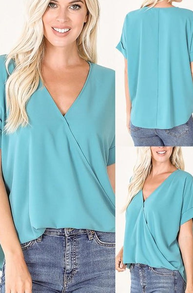 Different angles of wrap drape front blouse. Back view shows longer back hem for good coverage. Front has faux front tuck.