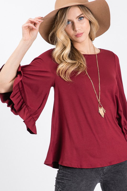 Women's tops for sale. Burgundy caped 3/4 flutter sleeve top in lightweight knit.